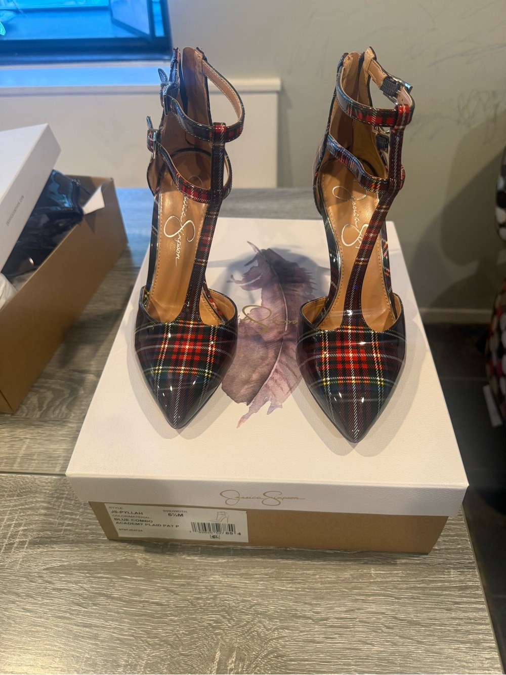 Jessica Simpson Plaid Pointed-Toe T-Strap Pumps in Blue Combo